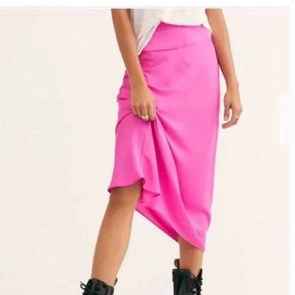 Free People Normani Bias Cut Satin Skirt In Electric Bubblegum Size 10 - Picture 3 of 12